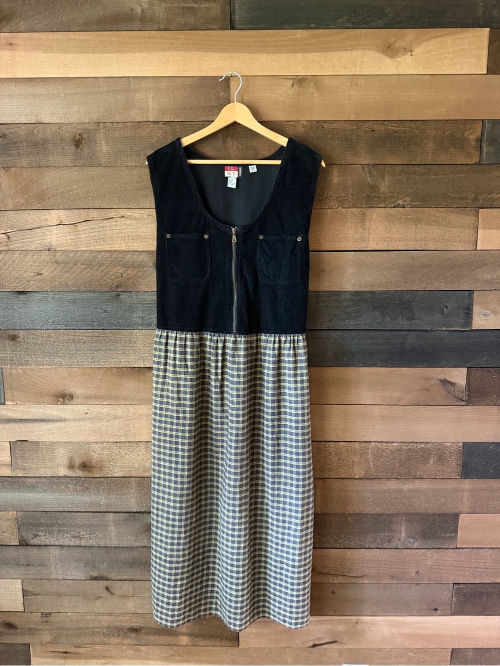 Vintage 90s Corduroy Plaid Maxi Dress J.L.N.Y. 2X Cottagecore Pinafore